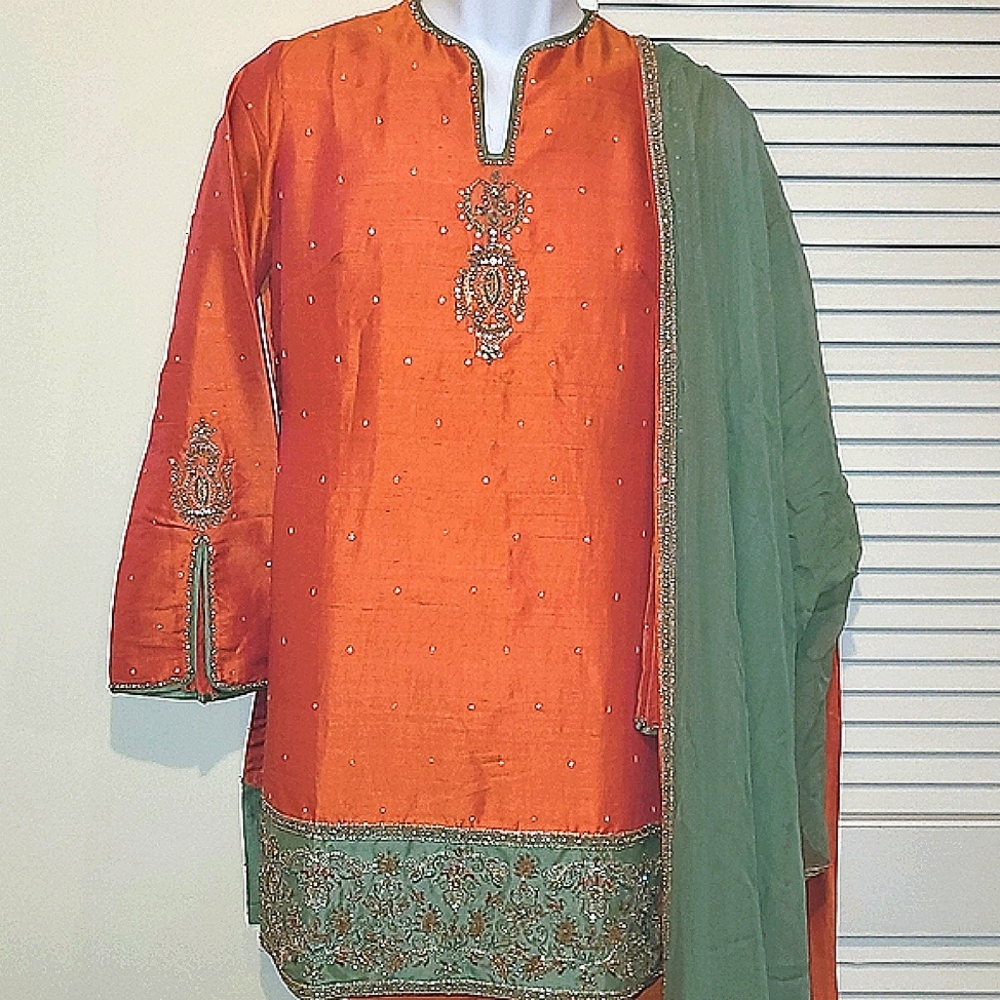 Karma Green and Orange Pakistani Designer Wear
